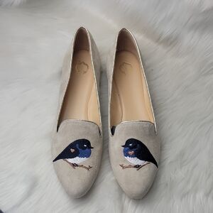 C‎ WONDER Corrine Cream White Suede Embroidered Blue Bird Old Money Loafer Flats